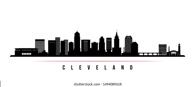 Pancarta horizontal en el horizonte de la ciudad de Cleveland. Silueta blanca y negra de Cleveland City, Ohio. Plantilla vectorial para su diseño. 