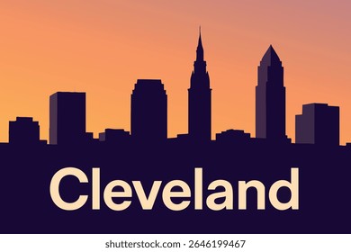 O horizonte da cidade de Cleveland é iluminado ao pôr do sol, com o brilho quente do céu noturno lançando uma tonalidade vibrante sobre a paisagem urbana, oferecendo uma combinação perfeita de luzes da cidade e vistas serenas