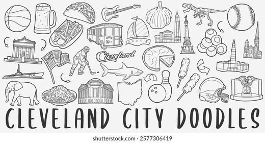 Cleveland, OH, USA Doodle Icons. Hand Drawn Made Line Art. City Ohio Clipart Symbol Design.