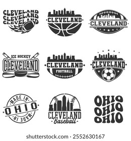 Cleveland, OH, USA Sport Bundle Vektor Art. City Skyline School Team Emblem.