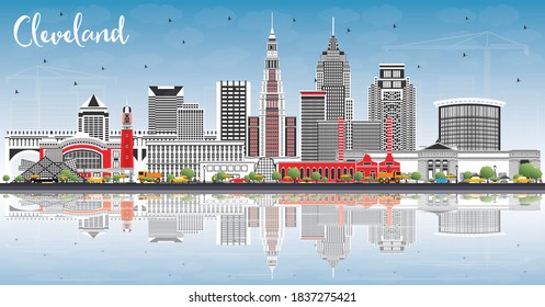 Cleveland Ohio City Skyline with Color Buildings, Blue Sky and Reflections. Vector Illustration. Cleveland USA Cityscape with Landmarks. Business Travel and Tourism Concept with Modern Architecture.