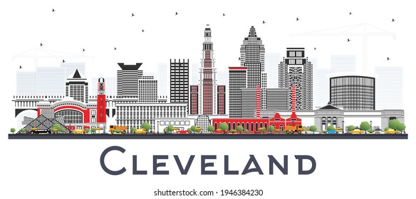 Cleveland Ohio City Skyline with Color Buildings Isolated on White. Vector Illustration. Cleveland USA Cityscape with Landmarks. Business Travel and Tourism Concept with Modern Architecture.