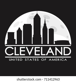 Cleveland Ohio Full Moon Night Skyline Silhouette Design City Vector Art.