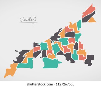 Cleveland Ohio Map with neighborhoods and modern round shapes