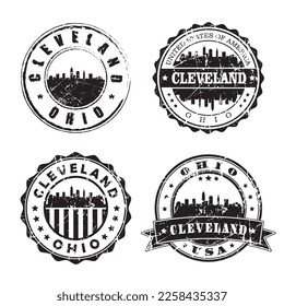 Postmark del sello Cleveland Ohio. Pasaporte postal de Silhouette. Conjunto de iconos del vector de redondeo de la ciudad. Postage de cosecha de vintage 

Diseño.