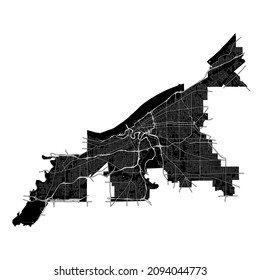 Cleveland, Ohio, United States, high resolution vector map with city boundaries, and editable paths. The city map was drawn with white areas and lines for main roads, side roads and watercourses.