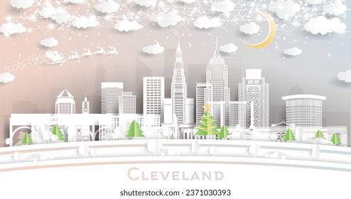 Cleveland Ohio USA. Winter City Skyline in Paper Cut Style with Snowflakes, Moon and Neon Garland. Christmas and New Year Concept. Santa Claus on Sleigh. Cleveland Cityscape with Landmarks.
