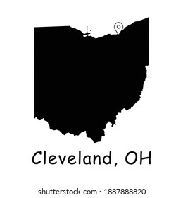 Cleveland on Ohio State Map. Detailed OH State Map with Location Pin on Cleveland City. Black silhouette vector map isolated on white background.