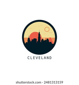 Cleveland skyline, downtown panorama logo, logotype. USA, Ohio state round badge contour, isolated vector vintage pictogram with monuments, landmarks