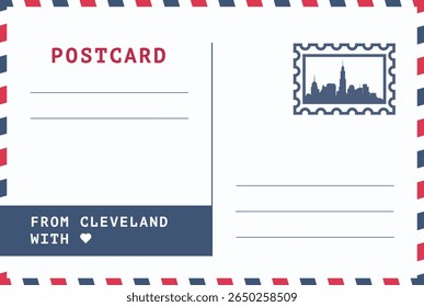 De Cleveland, modelo de cartão postal dos EUA. Ilustração de cartão-postal vetorial com carimbo, ponto de referência, mensagem. Layout de imagem simples de saudações simples