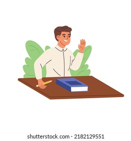 Clever aframerican boy raising hand to answer. Schoolboy raises his hand for an answer. Primary school education and learning concept. Flat vector illustration
