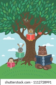 Clever Animals Reading Books Near Tree. Owl, Bear, Rabbit And Hedgehog. Children Literature, Studying, Learning, Education Concept. Vector Illustration.