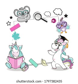 Clever animals. Unicorn, owl and koala. Back to school concept