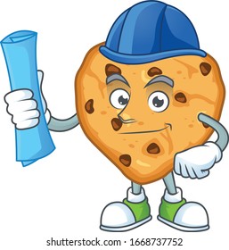 A clever Architect of chocolate chips love with blue prints and blue helmet