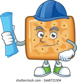 A clever Architect of crackers with blue prints and blue helmet