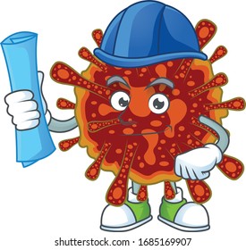 A clever Architect of deadly coronvirus with blue prints and blue helmet