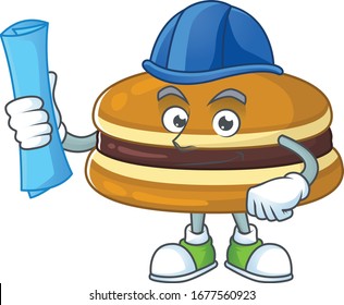 A clever Architect of dorayaki with blue prints and blue helmet