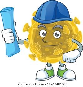 A clever Architect of infectious coronavirus with blue prints and blue helmet