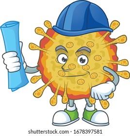 A clever Architect of outbreaks coronavirus with blue prints and blue helmet