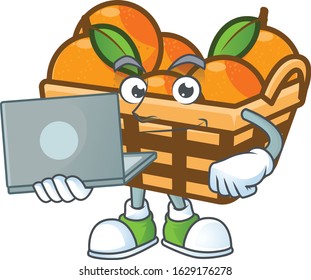 A clever basket oranges mascot character working with laptop