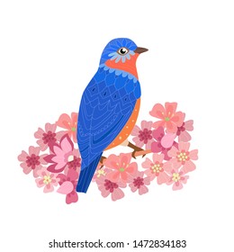 clever bird sitting on branch of blossom sakura for your design
