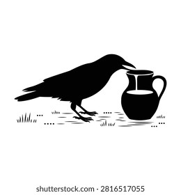 Clever black crow silhouette attempting to drink water from a tall pitcher vector graphic design illustration