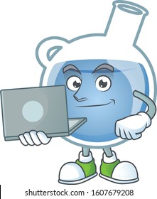 A clever blue potion mascot character working with laptop
