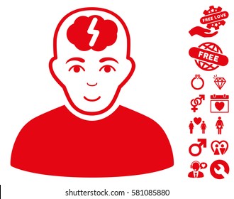 Clever Boy icon with bonus amour graphic icons. Vector illustration style is flat iconic red symbols on white background.