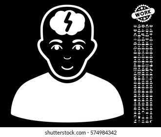 Clever Boy icon with bonus human graphic icons. Vector illustration style is flat iconic white symbols on black background.