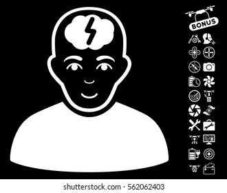 Clever Boy icon with bonus uav tools symbols. Vector illustration style is flat iconic white symbols on black background.