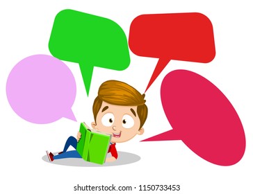 Clever boy lies on his back leaning on one of his elbow and holds book with both hands in green cover. Above his had are four dialogue clouds with his thoughts and comments. Vector on white background