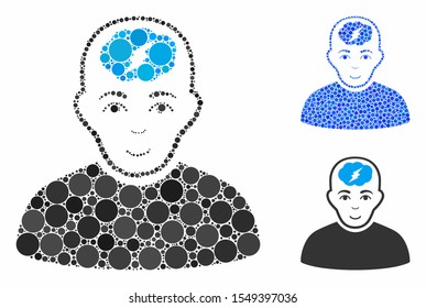 Clever boy mosaic of round dots in different sizes and color tinges, based on clever boy icon. Vector round dots are composed into blue collage. Dotted clever boy icon in usual and blue versions.