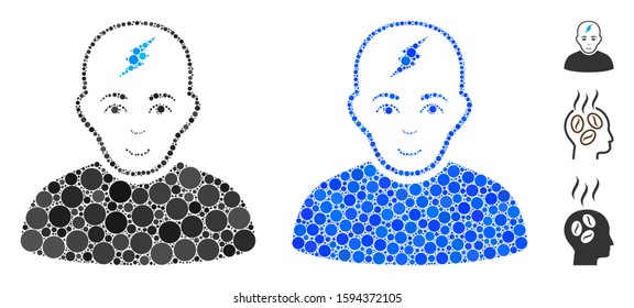 Clever boy mosaic of round dots in variable sizes and color tinges, based on clever boy icon. Vector round elements are composed into blue collage. Dotted clever boy icon in usual and blue versions.