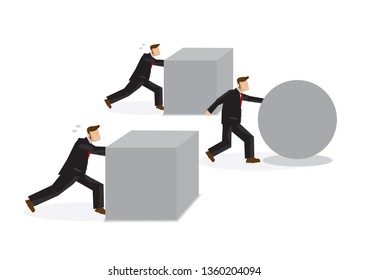 Clever Businessman pushing sphere while the others are pushing boxes. Concept of innovation or efficiency. Isolated vector illustration