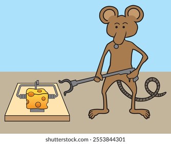 A clever cartoon mouse is using a grabber tool to get cheese from a trap