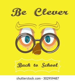 Clever cartoon owl with glasses. Vector gift card, poster. Back to school