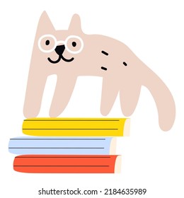 Clever Cat And Books. Flat Vector Illustration On White Background.