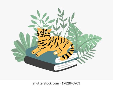 Clever cat on book stack. Tiger color kitten in plants, school time or education concept. Pet, wild animal vector print