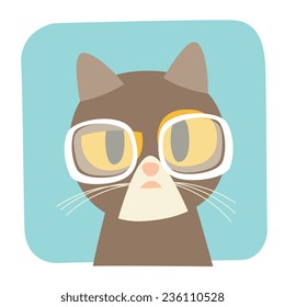 Clever cat, print for clothes, cartoon flat style. Isolated vector illustration. Design for stickers, logo, web and mobile app.