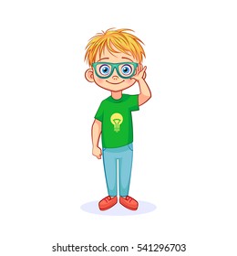 Clever cheerful boy in glasses and with tousled hair looks directly at the camera. Vector illustration for design on the theme of education, children, computers and technical support.