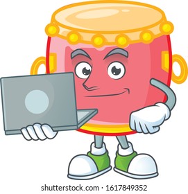 A clever chinese red drum mascot character working with laptop