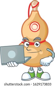 A clever chinese wine bottle mascot character working with laptop