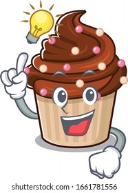a clever chocolate cupcake cartoon character style have an idea gesture