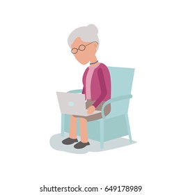 Clever computer savvy Elderly Woman Sitting in chair with Laptop - vector characters body parts grouped and easy to edit - limited palette
