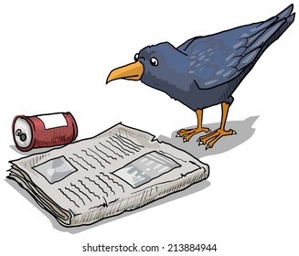 Clever crow reading a discarded newspaper, vector illustration