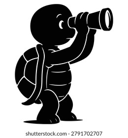 A clever and curious vector silhouette illustration featuring a cute cartoon turtle standing upright while looking through a handheld spyglass telescope. Representing playful and visionary concepts like forward-thinking, strategic planning, exploration, discovery, and searching for new opportunities, this minimalist flat design graphic asset is perfect for business development layouts, educational content, creative sticker packs, and motivational digital designs.