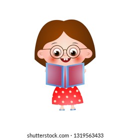 Clever cute girl in glasses reading book isolated on white background