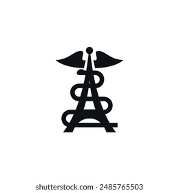 The clever design combination of the caduceus and the Eiffel Tower makes for a unique design