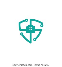 Una combinación de diseño inteligente de casa, escudo y símbolo de la tecnología en un diseño único