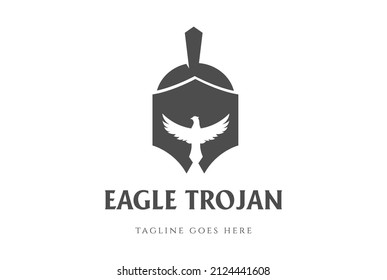 Clever Eagle Hawk Falcon Bird with Roman Greek Trojan Spartan Helmet Logo Design Vector